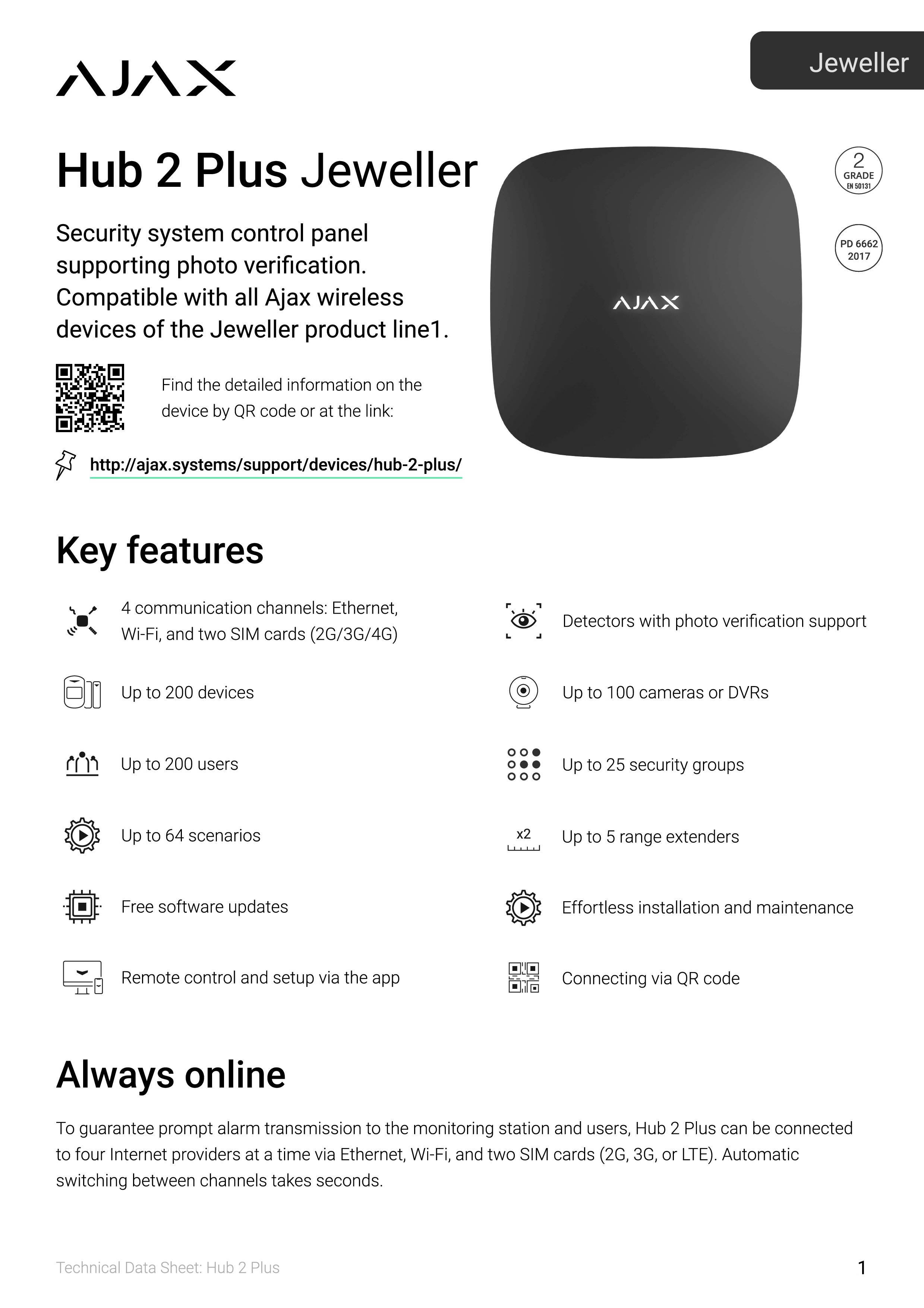 thumbnail image 2 of Ajax Central Panel Alarm – Hub 2 Plus – Wi-Fi, Ethernet, LTE, 2 SIM Slots – AJ-HUB2-PLUS-BLACK 2 of 6